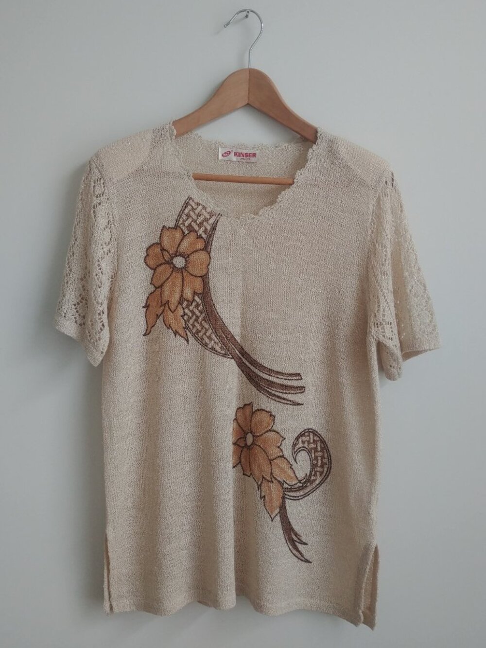 Vintage cotton silk Kinser short sleeve sweater top pointelle cream approx Med